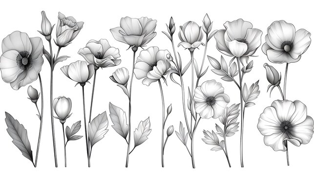 Bloom and leaves black sketch desine image