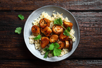 Stir fried teriyaki eryngii mushrooms with rice