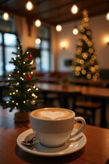 Obraz premium A cup of coffee on a wooden table inside a cozy café, with a small decorated Christmas tree next to it. Warm lights and festive decorations fill the background
