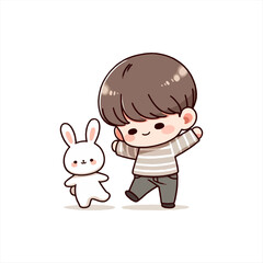 full body boy dancing with rabbit doll