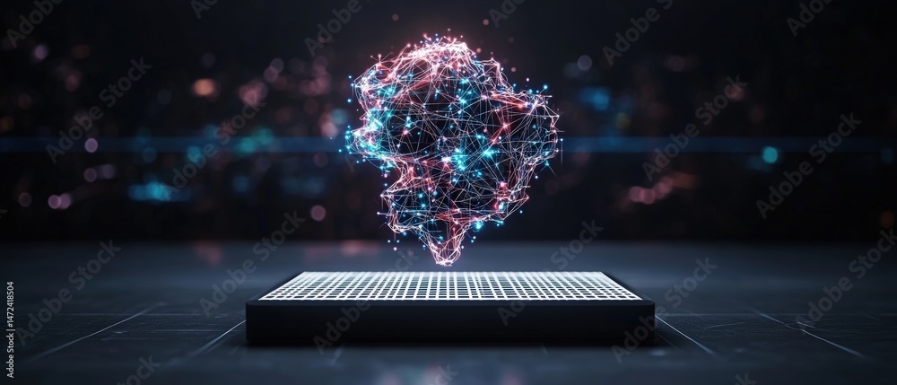 Poster digital neural network with glowing nodes and connections hovers above platform display system.