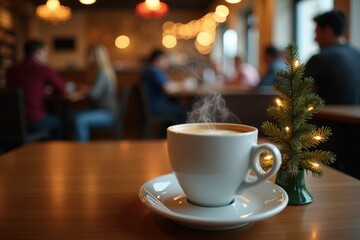 Obraz premium A steaming cup of coffee on a café table with a tiny Christmas tree decorated with lights. The background shows blurred customers and holiday ornaments creating a festive vibe