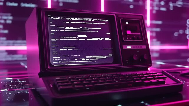 Retro computer with glowing pink screen displaying code in a dark room