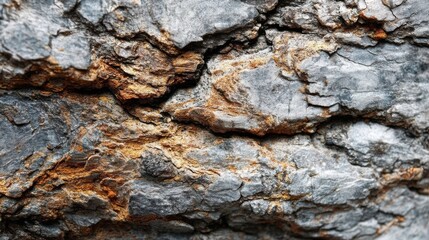 Close-up view of a rugged rock surface, exhibiting a blend of gray and orange-brown hues, showcasing intricate textures and weathering patterns. : Generative AI