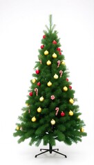 Fototapeta premium Artificial Christmas tree with red and gold ornaments, candy canes, and lush green branches on a white background. Centered composition with soft lighting and a black metal stand.