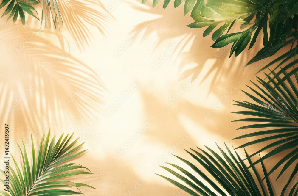 Aufkleber tropical palm leaves and shadows cast on a beige background, creating a summery and relaxing aesthet
