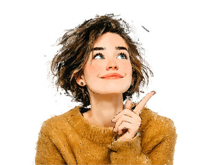 Obraz premium Portrait of a young woman with brown hair looking upward pensively wearing a mustard yellow sweater art on transparent background