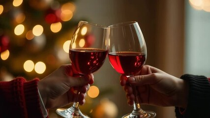 Two people toast with glasses of red wine in front of a Christmas tree, celebrating the holiday season.
Concept of: Festive cheers. - Powered by Adobe