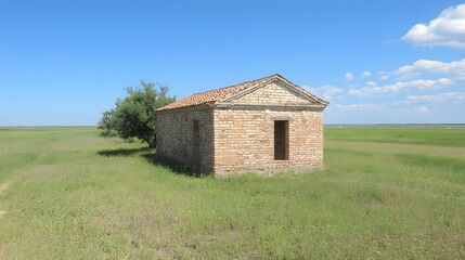 Obraz premium Brick Hut in a Summer Meadow Landscape Photo