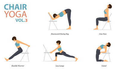 Fototapeta na wymiar 5 Chair Yoga poses for office syndrome or work from home in flat design. Woman exercise for strength on office chair. Set of asana postures fitness Infographic. Vector.