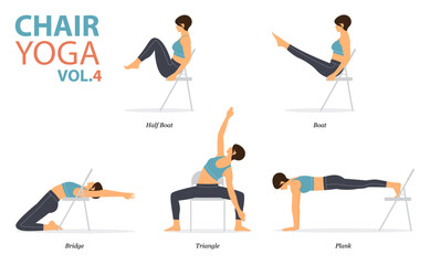 5 Chair Yoga poses for office syndrome or work from home in flat design. Woman exercise for strength on office chair. Set of asana postures fitness Infographic. Vector.