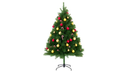 Fototapeta premium Artificial Christmas tree with red and gold ornaments, candy canes, and lush green branches on a white background. Centered composition with soft lighting and a black metal stand.
