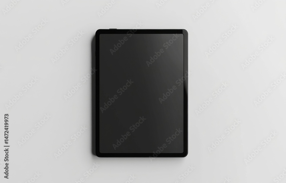 Poster a sleek, black tablet computer rests on a minimalist, off-white surface, showcasing its clean design