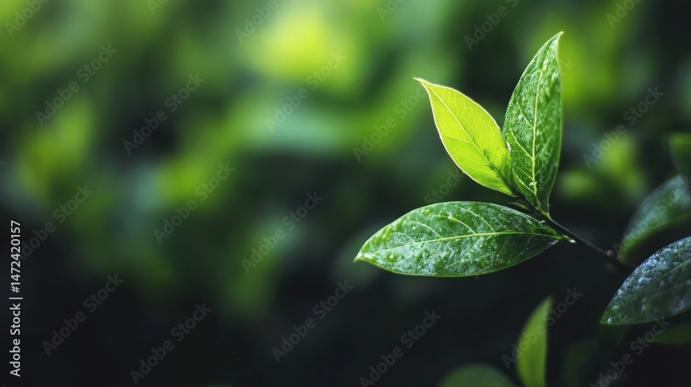 Aufkleber Closeup of vibrant green leaves on a branch, bathed in soft sunlight, creating a tranquil and natural scene. : Generative AI