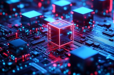 Circuit board with glowing cube