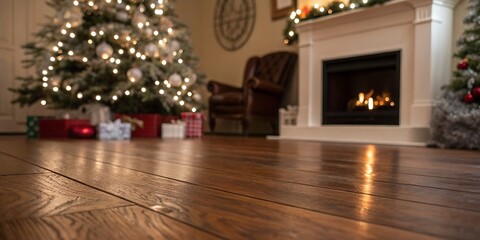 Warm Christmas Living Room Focus on Hardwood Floor with Blurred Tree and Fireplace
