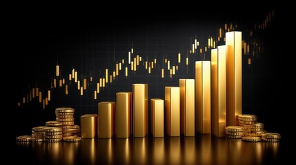 Golden Bar Graph and Coins Showing Financial Growth Concept