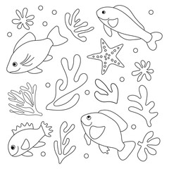 A set of linear style fish, coral and starfish icons highlighted on a white background. Black and white vector illustration.
