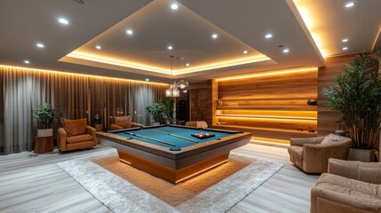 Contemporary basement featuring a stylish pool table illuminated by soft, warm lights, complemented by comfortable lounge chairs