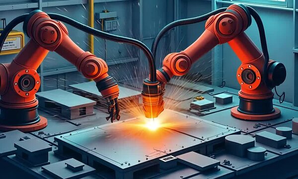 Robotic arms welding metal in industrial setting