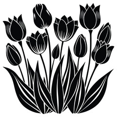 blooming tulips silhouette with long, graceful stems and pointed leaves