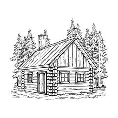 Vintage Log Cabin Sketch - Rustic Cottage Illustration