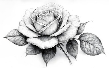 detailed grayscale drawing of a rose with leaves and thorns on a white background.