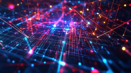 Obraz premium Abstract network of glowing lines and points, creating a dynamic and complex digital structure.