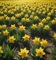 Obraz premium Bright yellow daffodils carpet a verdant field, bathed in sunlight , daffodils, beauty, nature