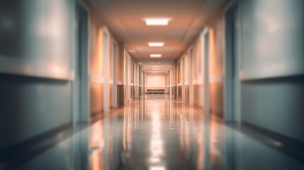 Softly Lit Hospital Corridor with Blurred Perspective