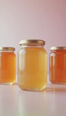 A transparent glass jar of honey with a blank label, great for branding, customization, adding text or graphics