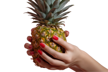 Woman hands holding a fresh ripe juicy pineapple fruit tropical summer vitamin delicious healthy food organic natural exotic on transparent background