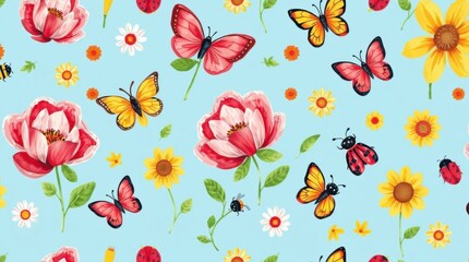 Vibrant Springtime Floral Butterfly Pattern Design