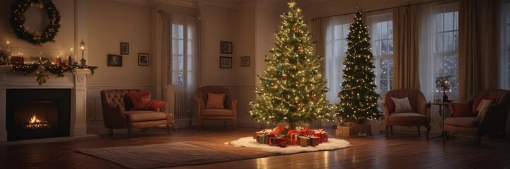 Ornate Christmas tree, glowing lights, cozy room ,  gold,  winter