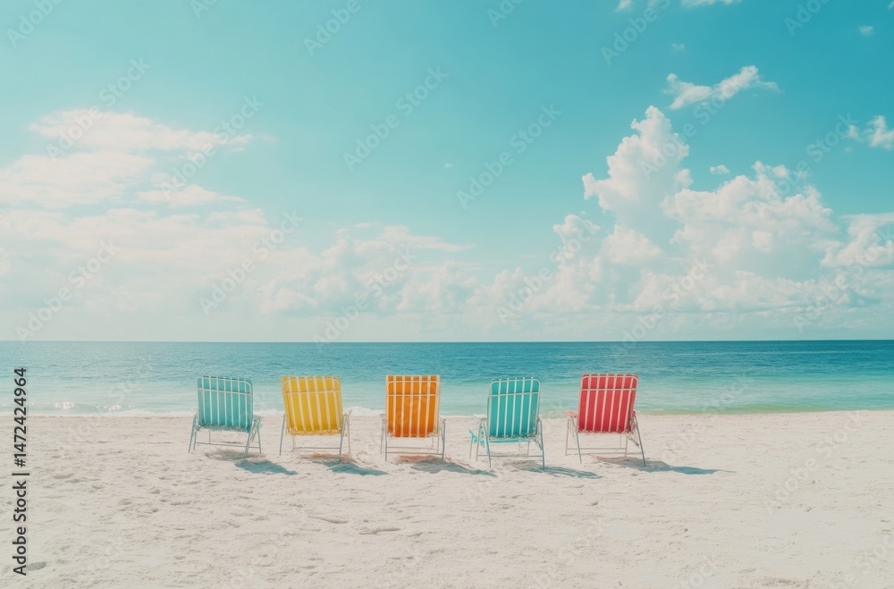Poster four colorful beach chairs face a tranquil ocean under a bright summer sky, inviting relaxation and 