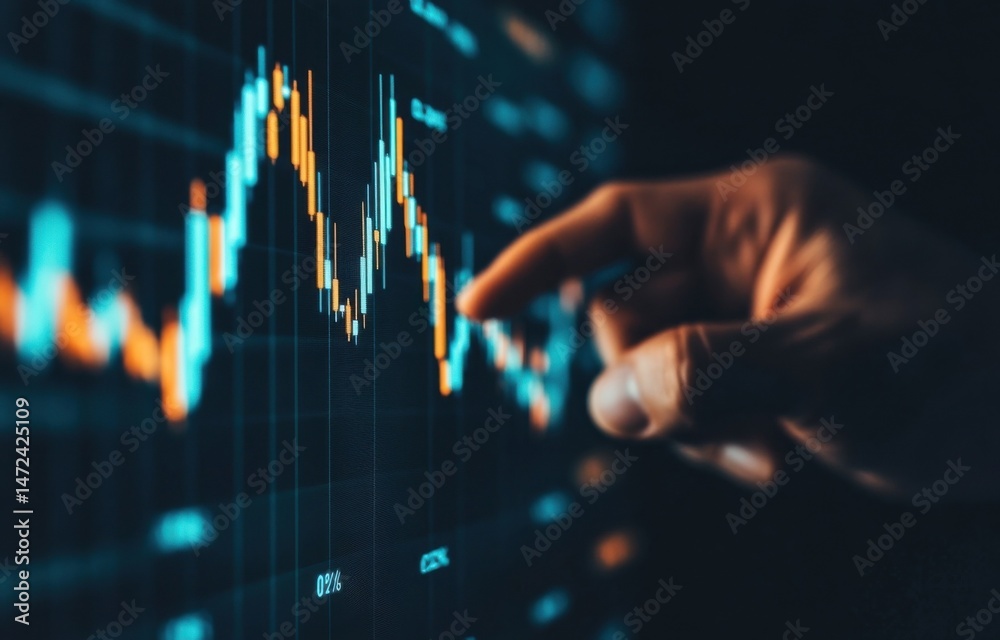 Leinwandbilder A hand interacts with a vibrant candlestick chart displayed on a dark screen, showcasing dynamic market data and financial analysis. : Generative AI