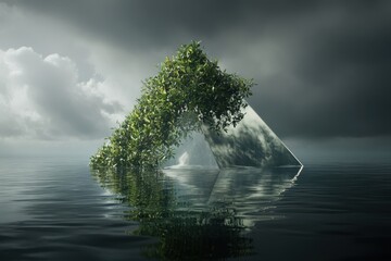 A triangular island structure covered in foliage, reflecting on water.
