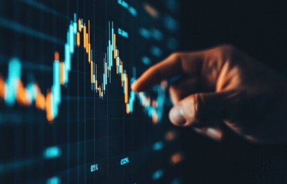 A hand interacts with a vibrant candlestick chart displayed on a dark screen, showcasing dynamic market data and financial analysis. : Generative AI - Powered by Adobe