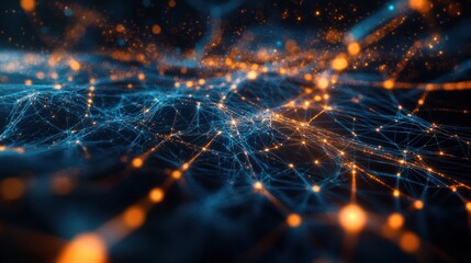 Abstract network of glowing particles and lines.  Complex digital connection structure.