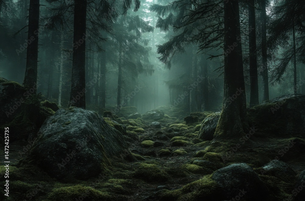 Poster a misty, dark forest path winds through ancient trees, moss-covered rocks lining the way, creating a