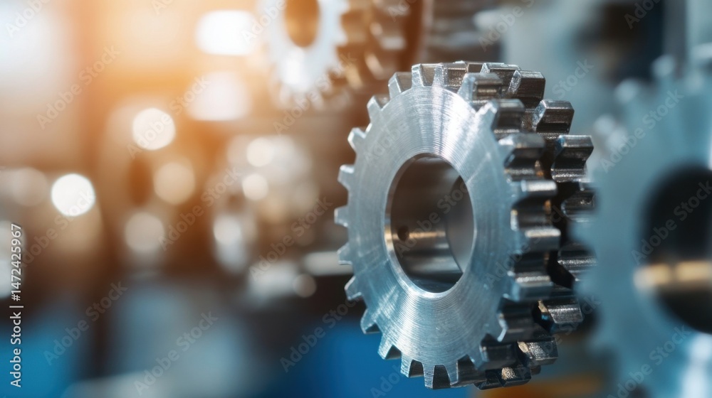 Poster close-up of a metallic gear, showcasing intricate details and precision engineering. the gear is sha