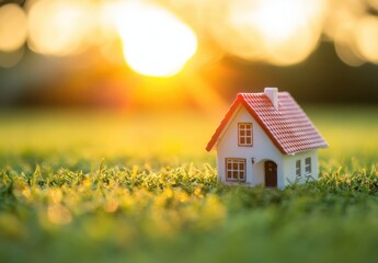 A miniature white house with a red roof sits in vibrant green grass, bathed in the warm golden light of a setting sun, evoking feelings of peace and homeownership. : Generative AI