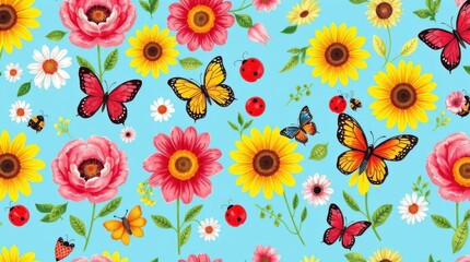 Vibrant Summer Floral Pattern with Butterflies