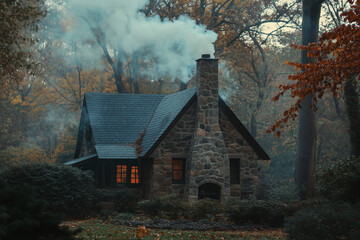 Rustic Cottage In Autumn Woods With Warm Lighting