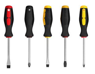Five Screwdrivers Red, Black, Yellow Handles, Tools, Equipment, Repair, isolated on white background png