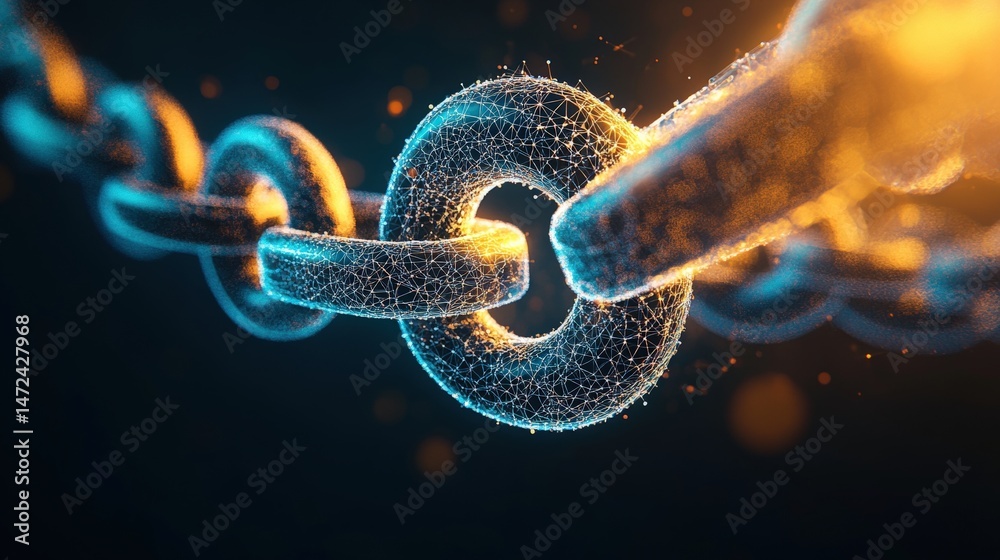 Poster abstract digital chain links connected with glowing particles symbolizing technology and connectivit
