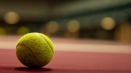 A close-up of a vibrant yellow tennis ball on a maroon court surface