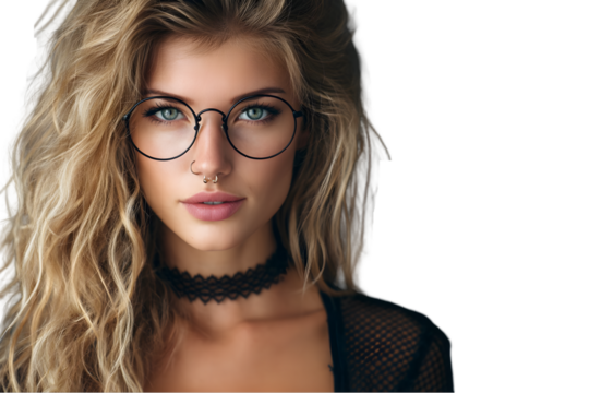 Stylish blonde woman with round glasses and a nose piercing posing against a for fashion photography on transparent background