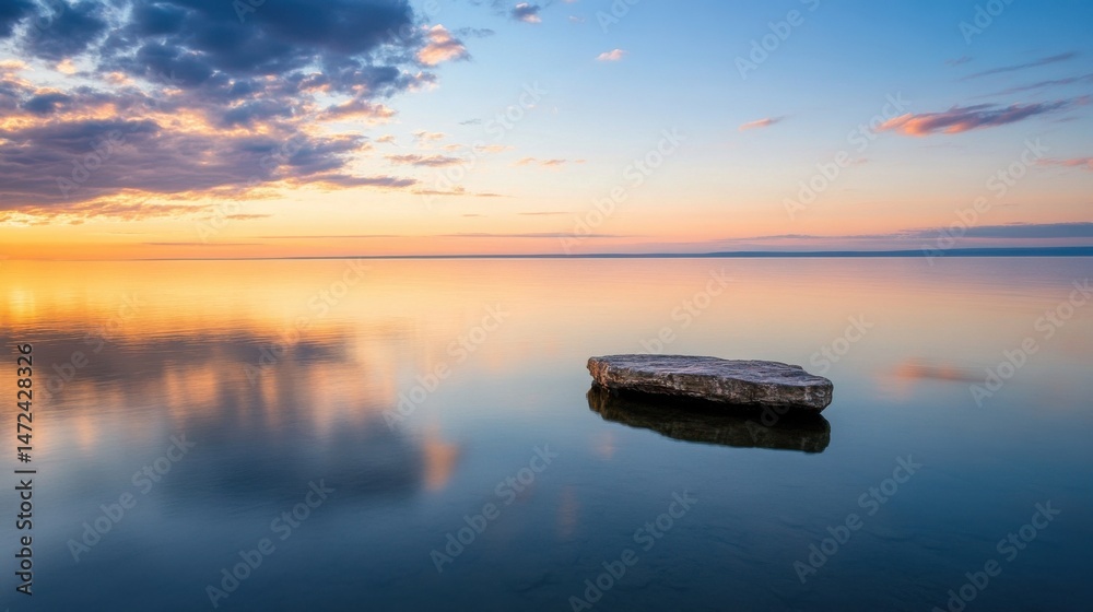 Poster serene sunset over calm lake water, reflecting colorful clouds, with a single, flat rock in the fore