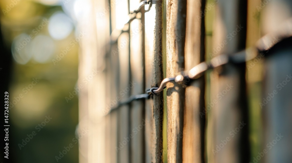 Leinwandbilder Close-up view of a rustic wooden fence illuminated by warm sunlight, showing intricate details of the wire mesh and weathered wood. : Generative AI